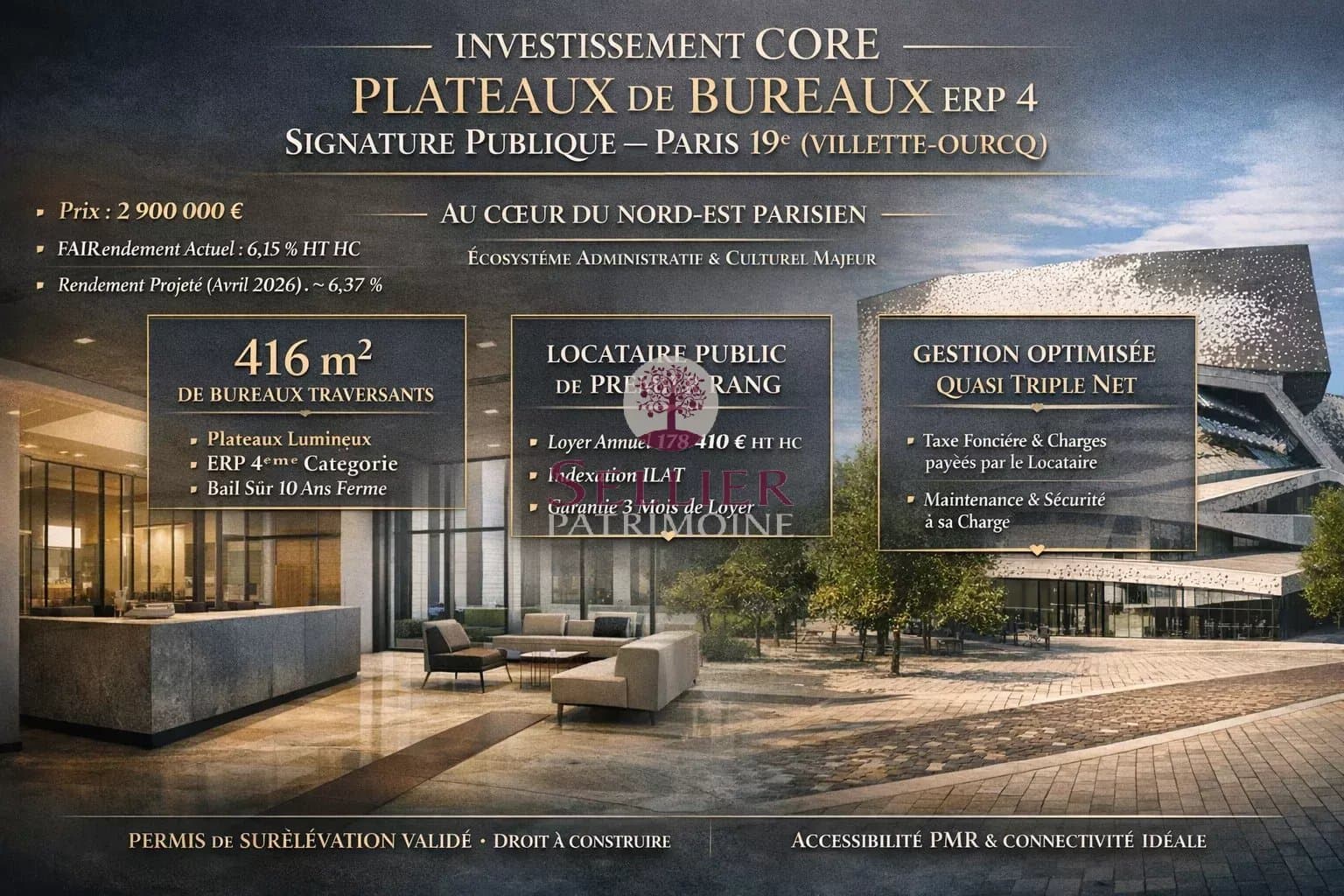 Bureau 416m² à Paris 19ème - INVESTISSEMENT CORE PLATEAUX DE BUREAUX ERP 4 – SIGNATURE PUBLIQUE – PARIS 19e (VILLETTE-OURCQ)